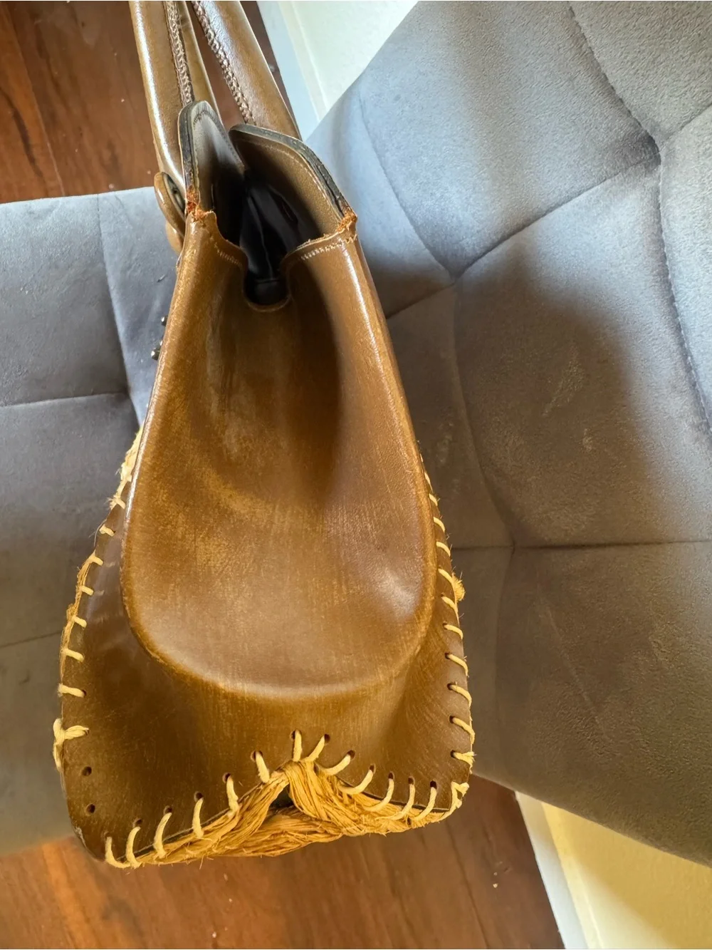 Vintage Rare Mahler California Brown Leather Wood Floral Handbag